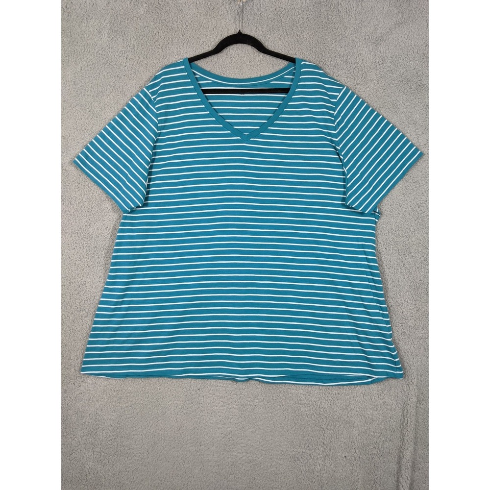 Lane Bryant T-Shirt Womens 26/28L White Aqua Striped V-Neck Nautical Casual